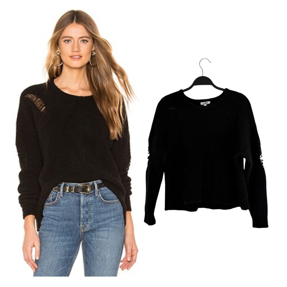 LNA Wool Alpaca Sweater Black Distressed Knit Pullover Womens Size S‎